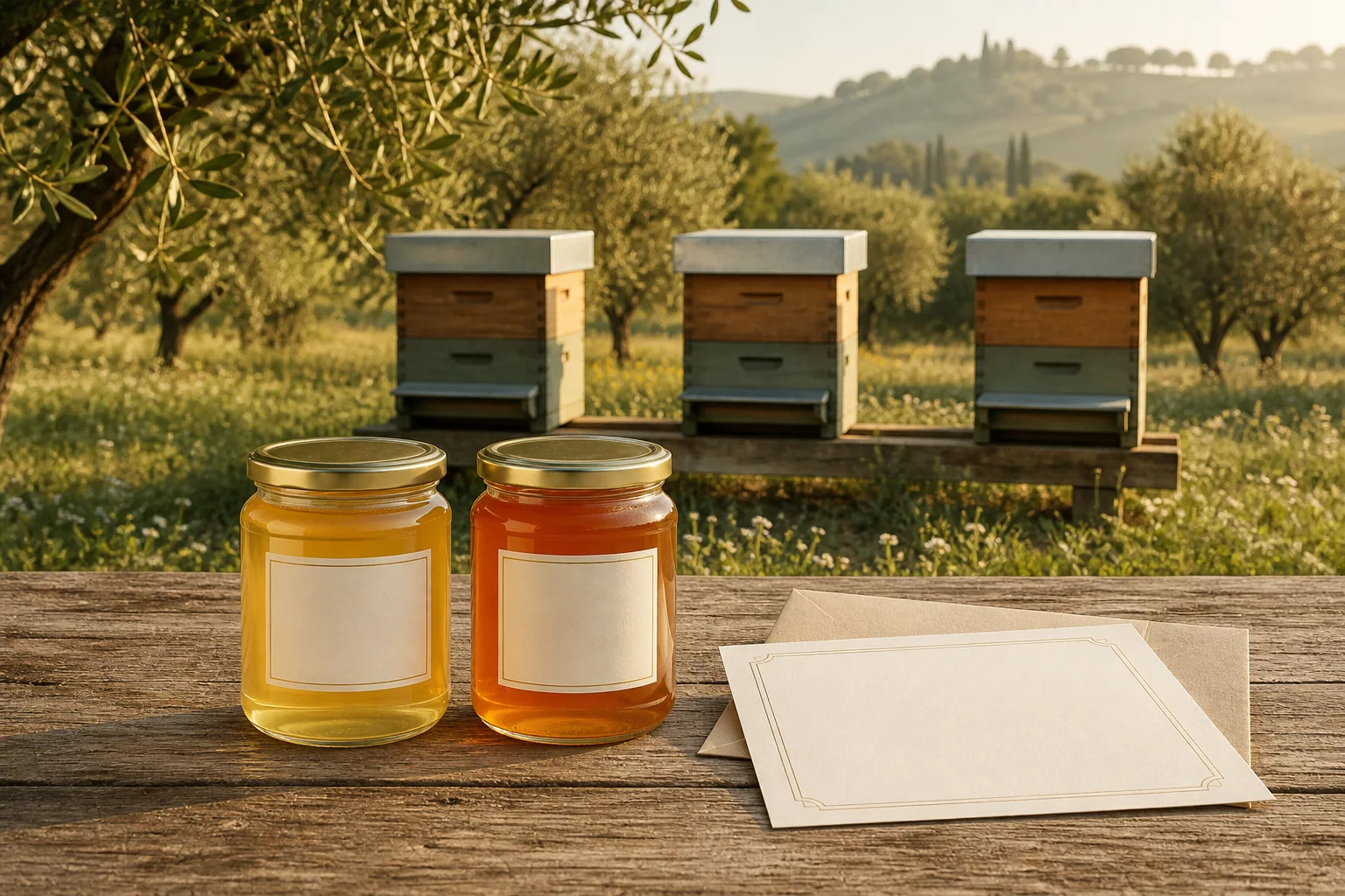 Three real Tuscan beehives with two honey jars and a personalized certificate representing the Adopt 3 Hives plan
