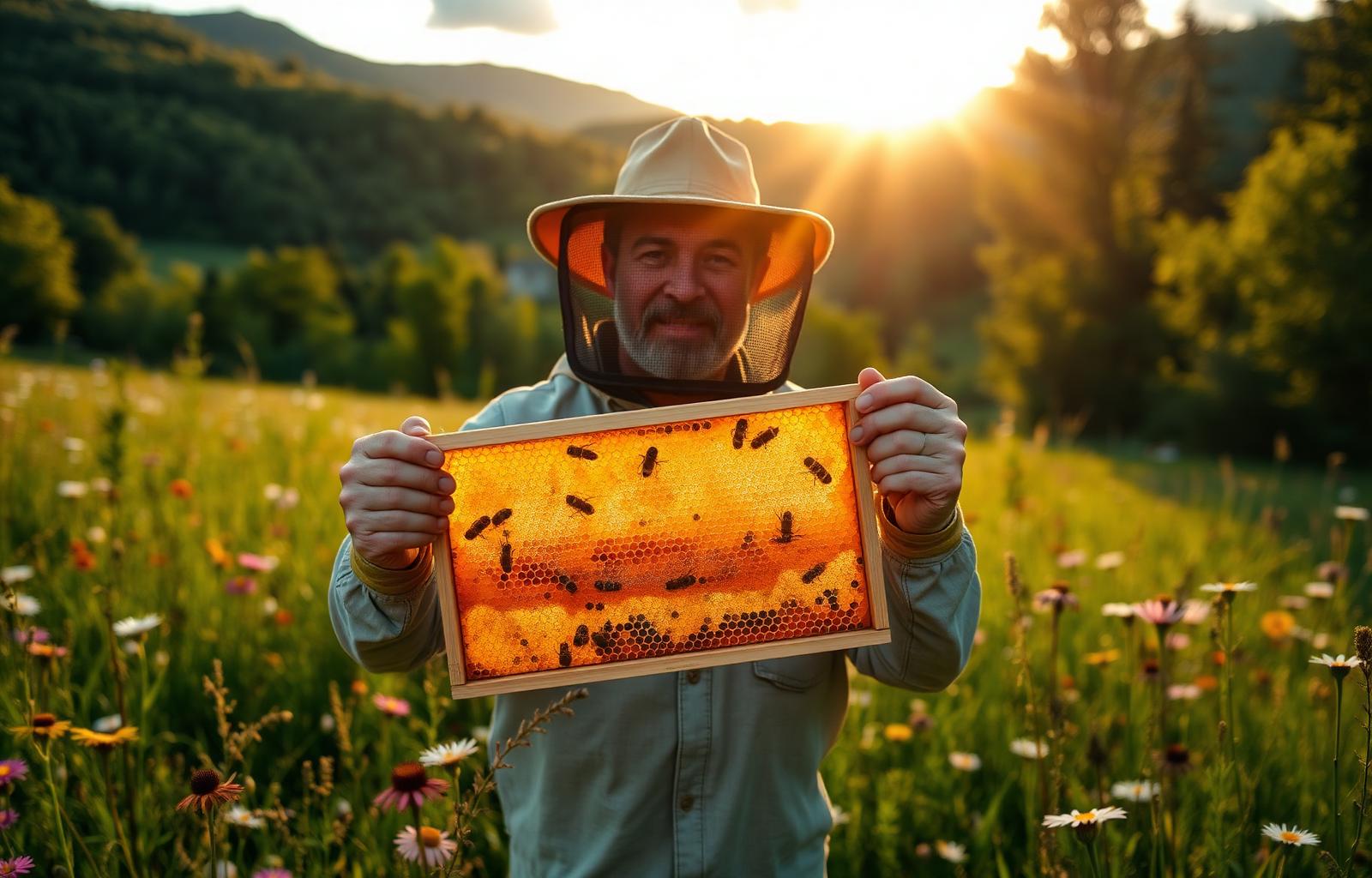 Beekeeper holding a honeycomb frame in a Tuscan field