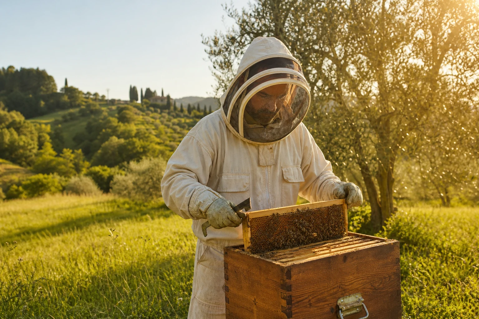 Beekeeper tending a wooden hive in the sunlit Tuscan countryside